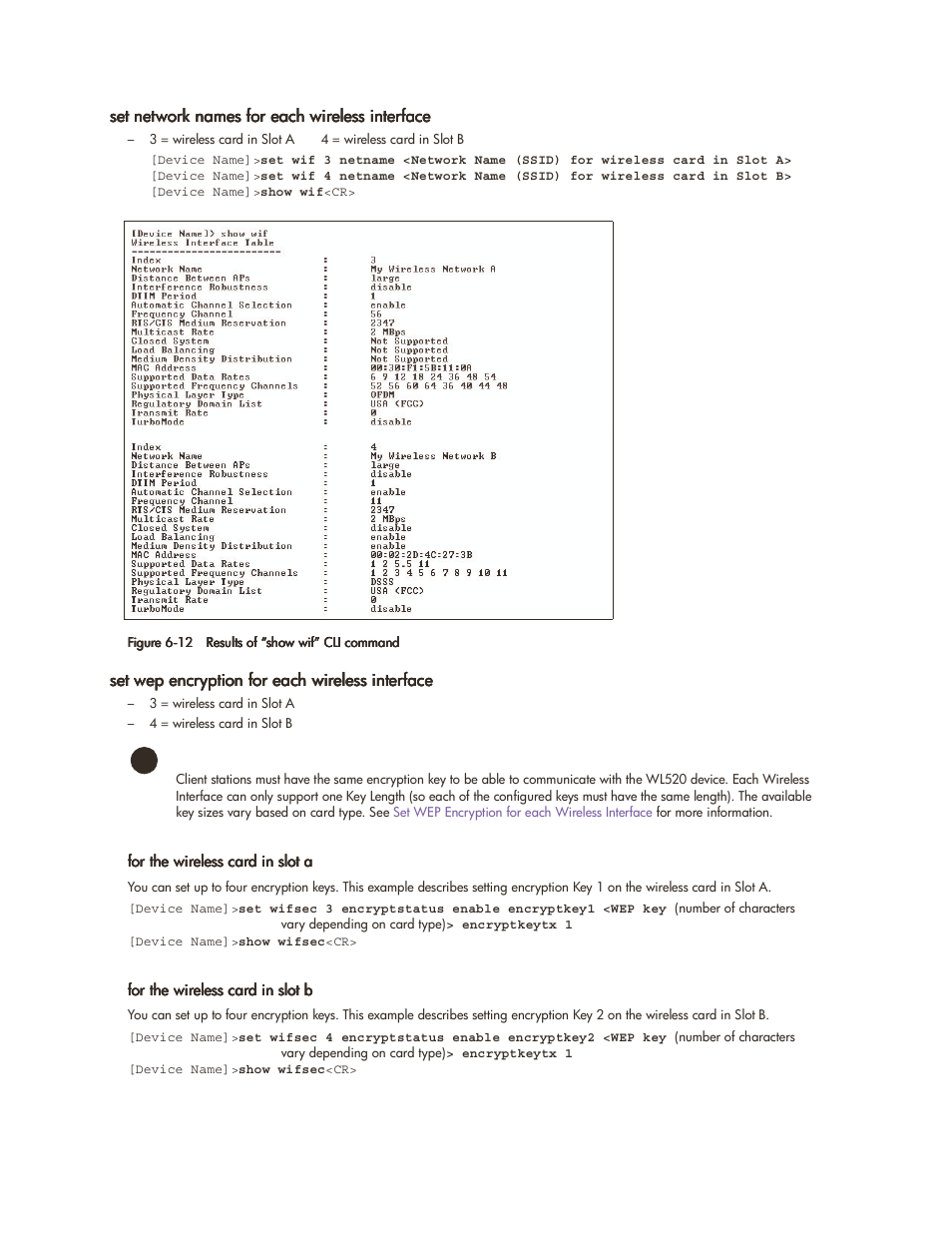 Set network names for each wireless interface, Set wep encryption for each wireless interface | HP ProCurve 520wl Wireless Access Point User Manual | Page 98 / 142