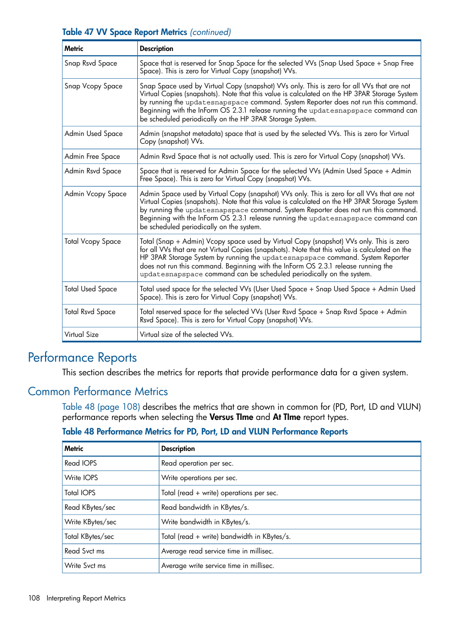 Performance reports, Common performance metrics | HP 3PAR System Reporter Software User Manual | Page 108 / 224