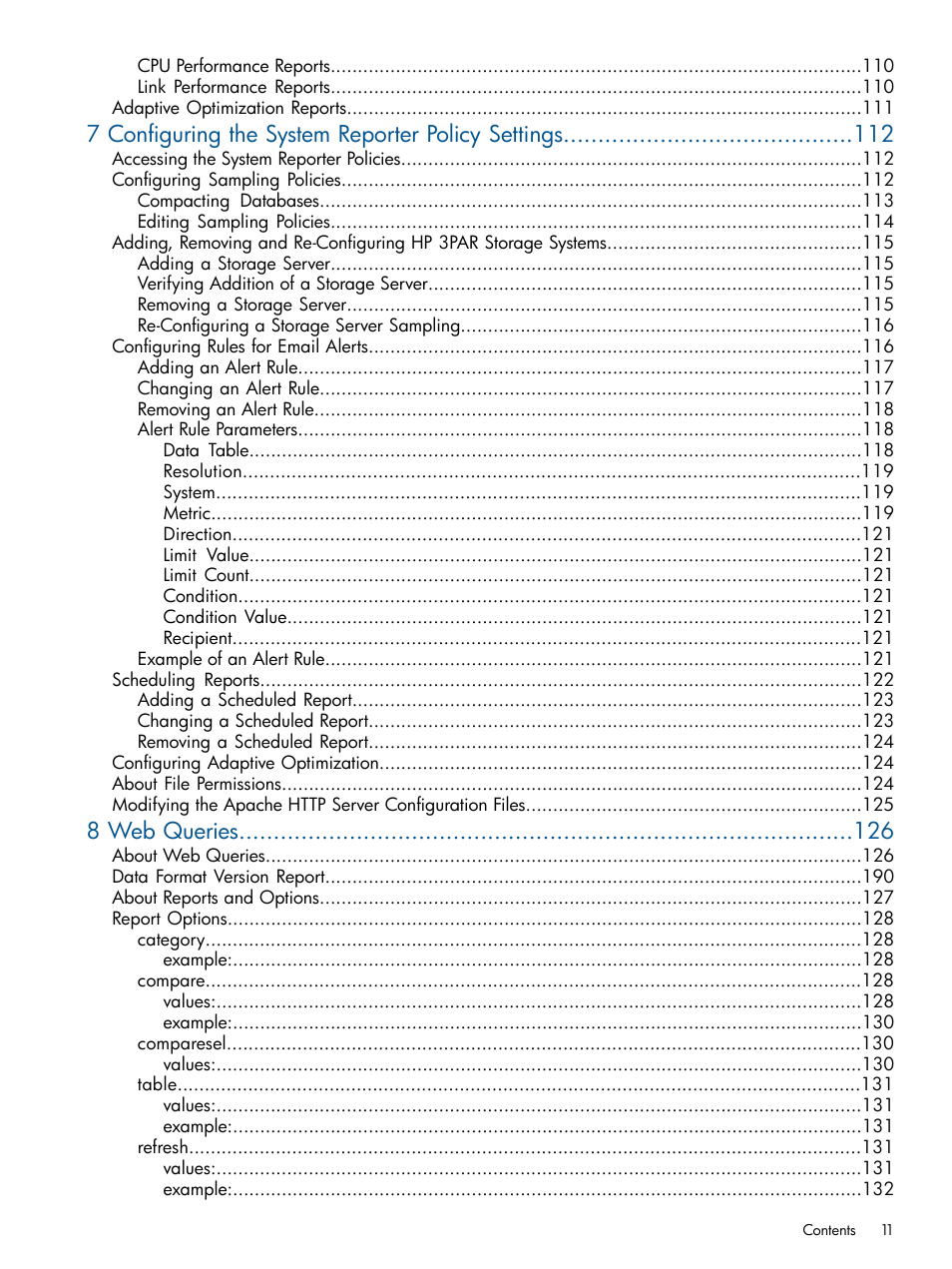 7 configuring the system reporter policy settings, 8 web queries | HP 3PAR System Reporter Software User Manual | Page 11 / 224