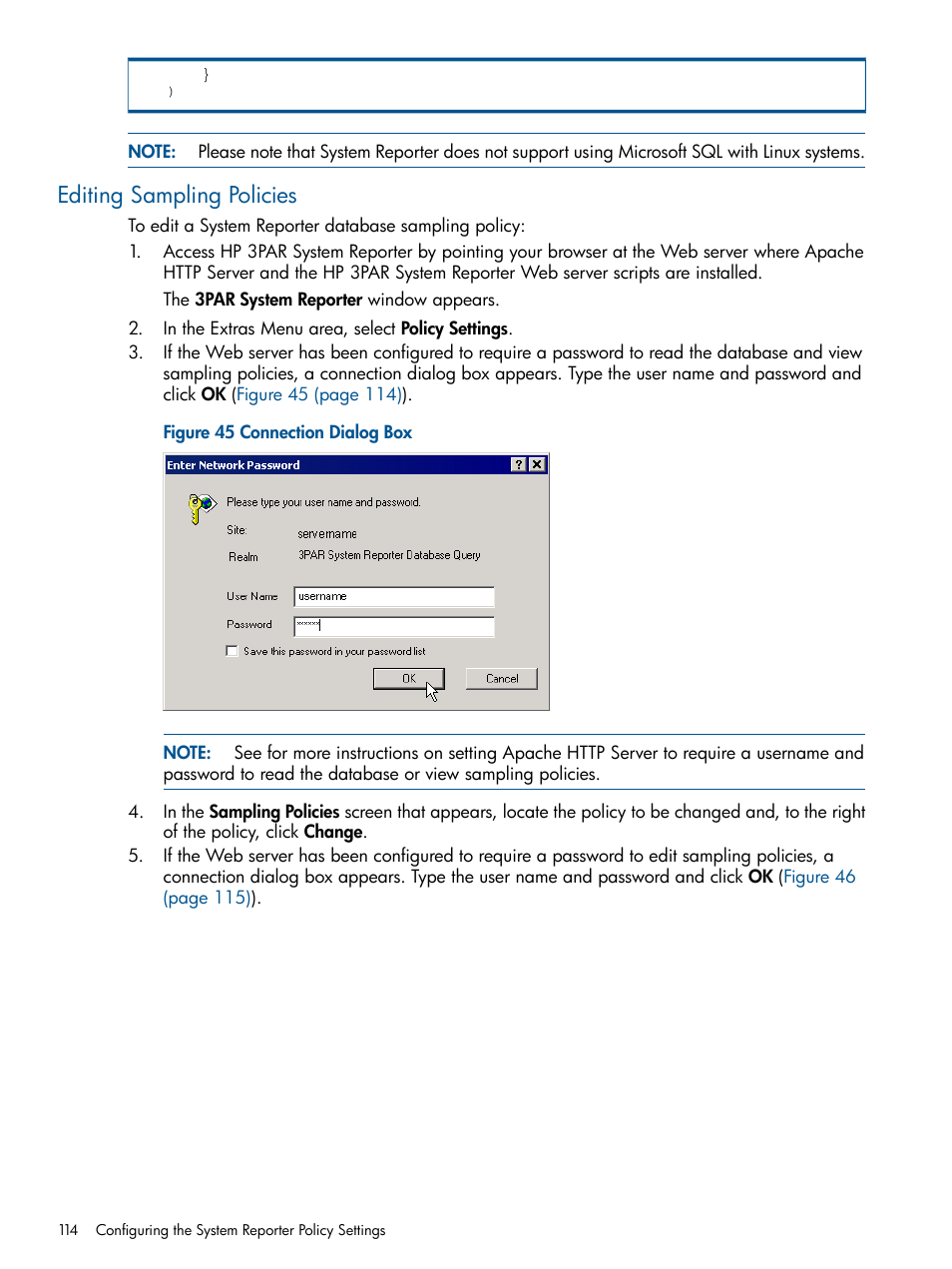 Editing sampling policies, Editing | HP 3PAR System Reporter Software User Manual | Page 114 / 224
