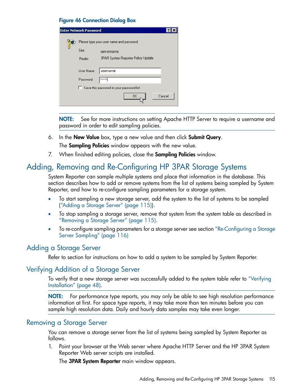 Adding a storage server, Verifying addition of a storage server, Removing a storage server | Figure 46 | HP 3PAR System Reporter Software User Manual | Page 115 / 224