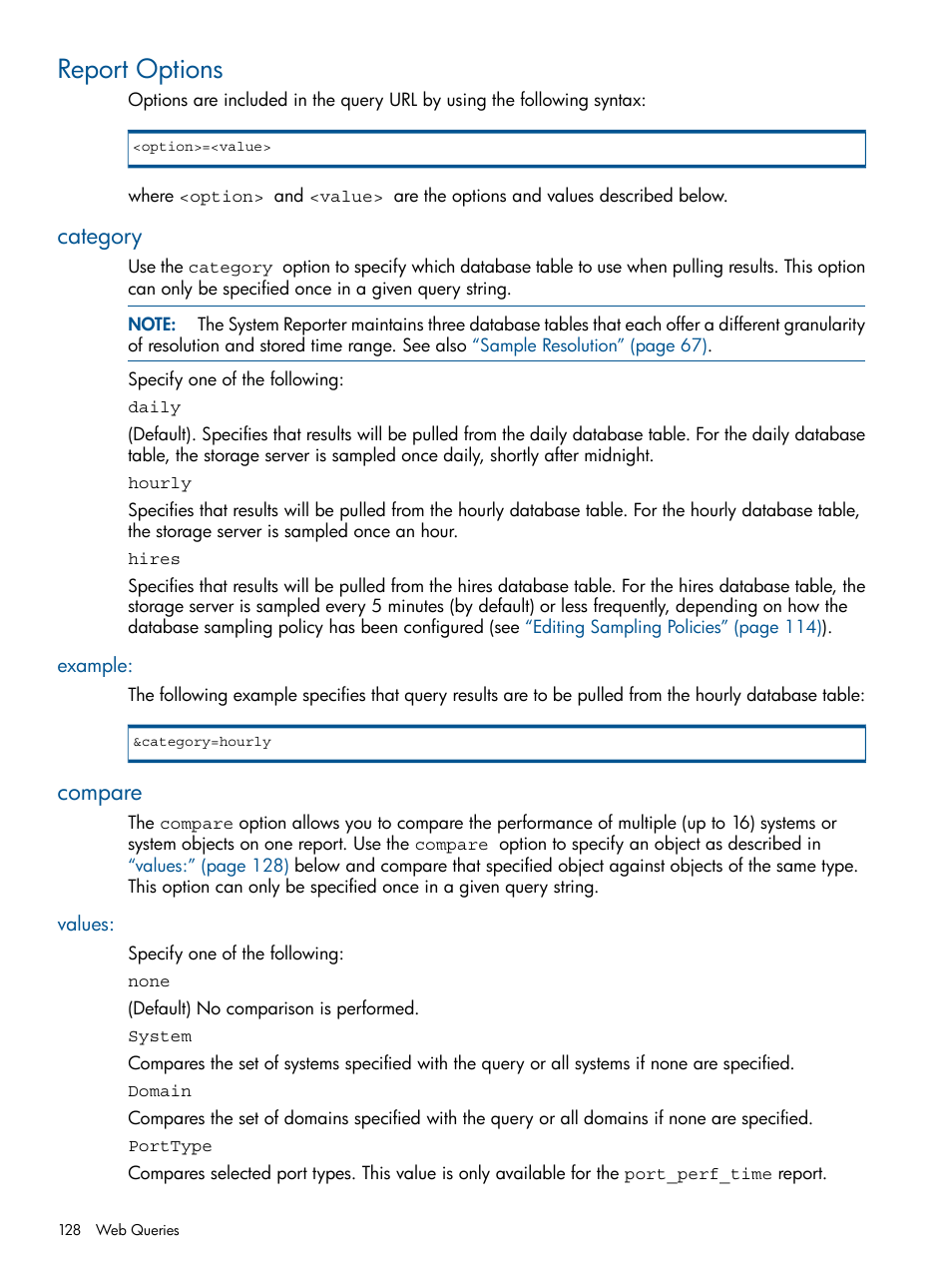 Report options, Category, Example | Compare, Values | HP 3PAR System Reporter Software User Manual | Page 128 / 224