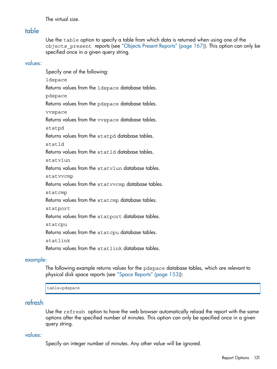 Table, Values, Example | Refresh, Values: example | HP 3PAR System Reporter Software User Manual | Page 131 / 224