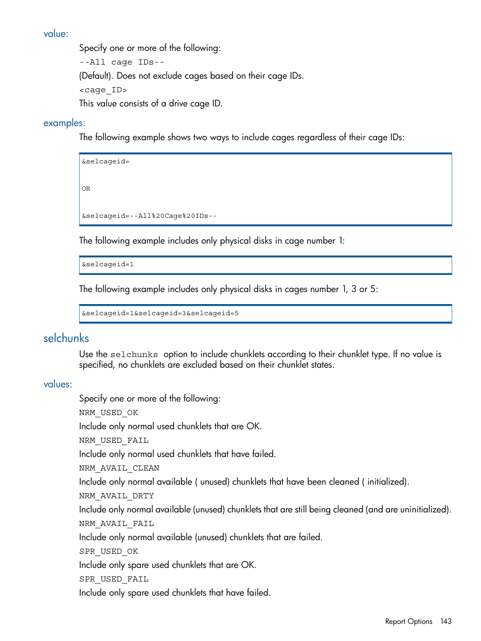 Value, Examples, Selchunks | Values, Value: examples | HP 3PAR System Reporter Software User Manual | Page 143 / 224