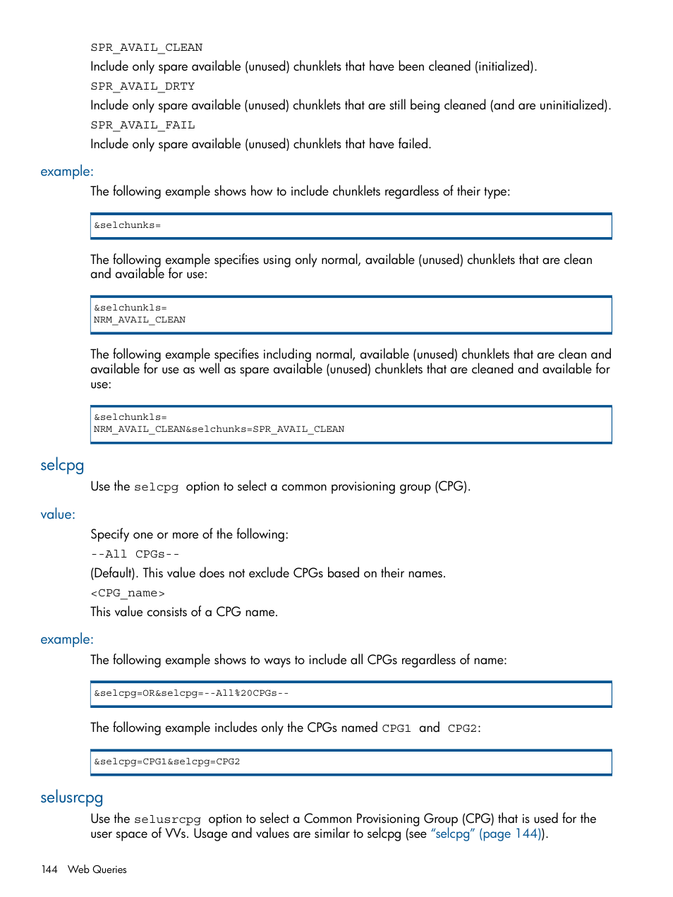 Example, Selcpg, Value | Selusrcpg, Value: example | HP 3PAR System Reporter Software User Manual | Page 144 / 224