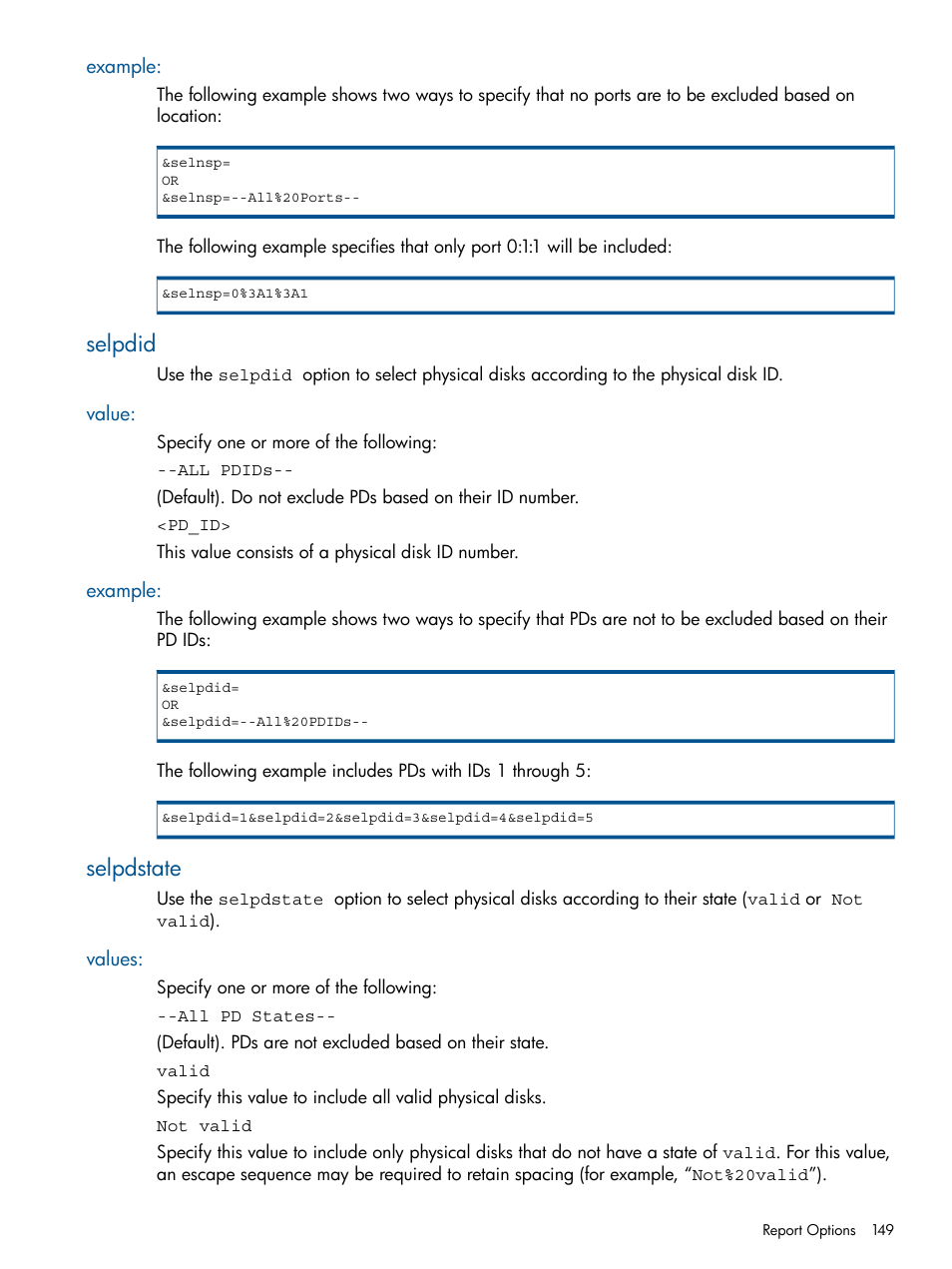 Example, Selpdid, Value | Selpdstate, Values, Value: example | HP 3PAR System Reporter Software User Manual | Page 149 / 224