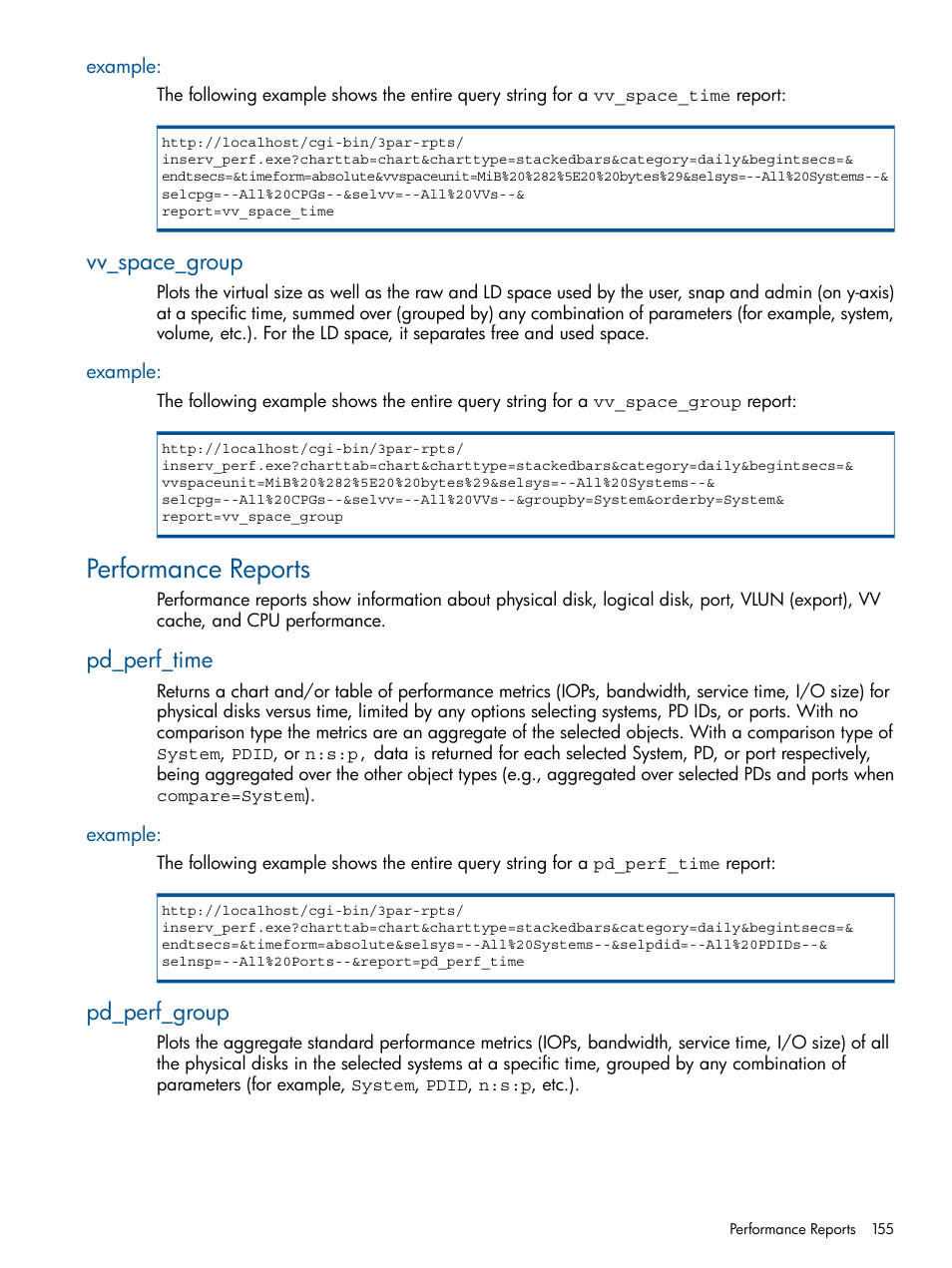 Example, Vv_space_group, Performance reports | Pd_perf_time, Pd_perf_group | HP 3PAR System Reporter Software User Manual | Page 155 / 224