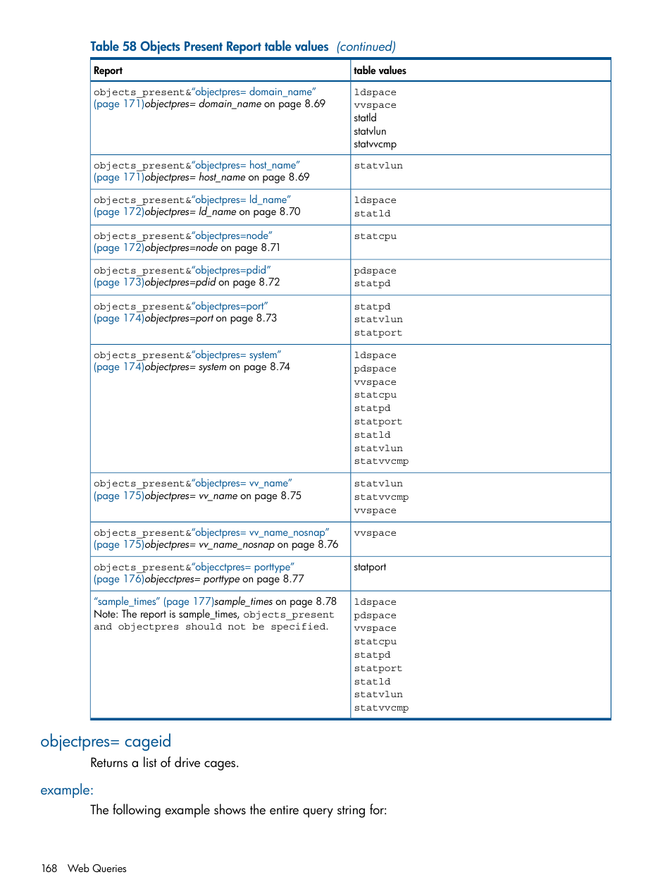 Objectpres= cageid, Example, Objects_present | HP 3PAR System Reporter Software User Manual | Page 168 / 224