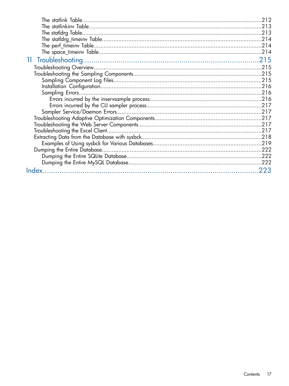 11 troubleshooting, Index | HP 3PAR System Reporter Software User Manual | Page 17 / 224