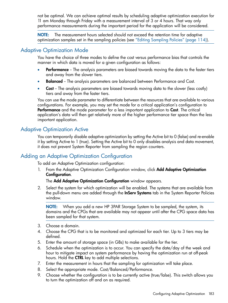 Adaptive optimization mode, Adaptive optimization active, Adding an adaptive optimization configuration | Adaptive optimization | HP 3PAR System Reporter Software User Manual | Page 183 / 224