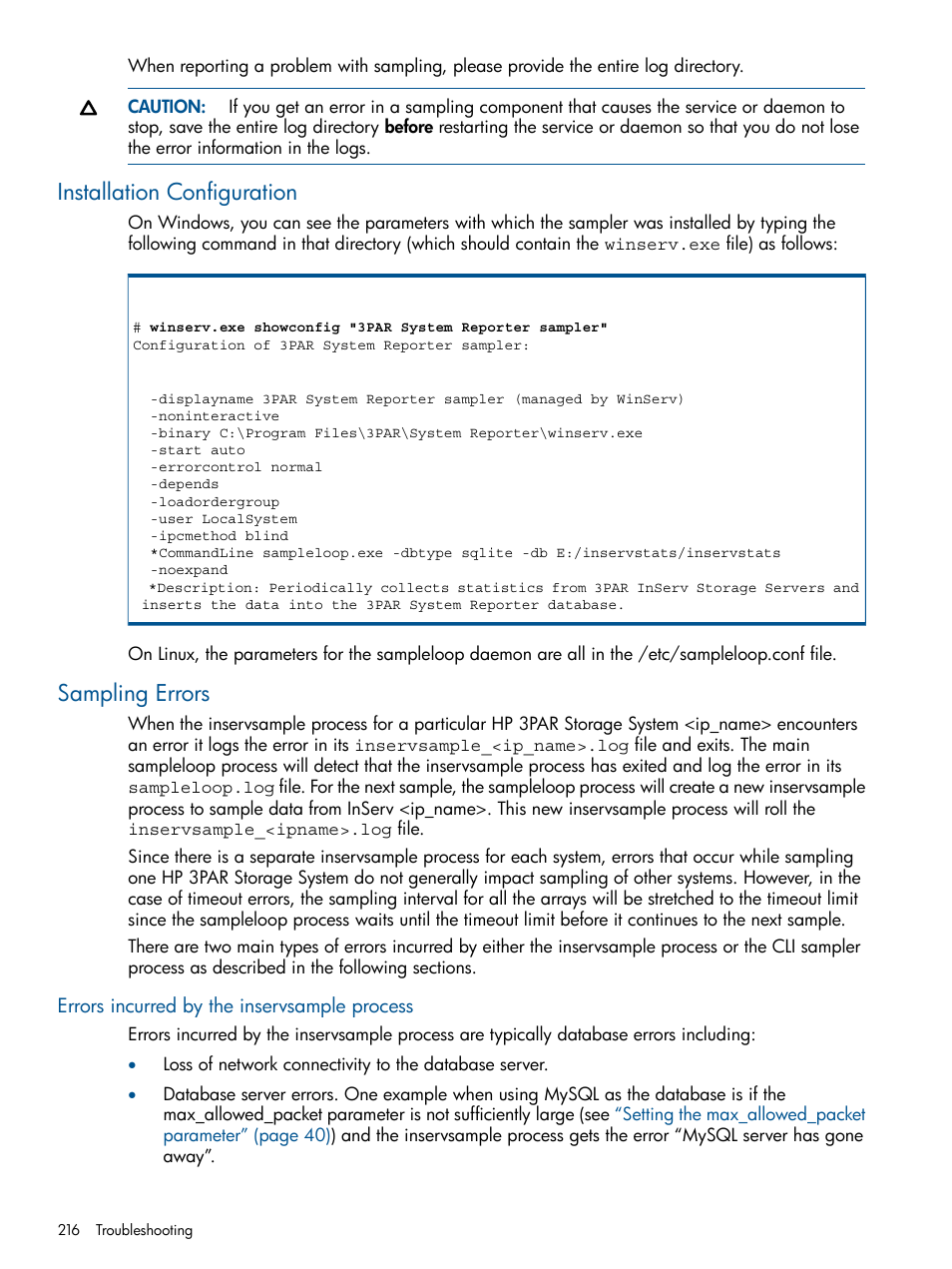 Installation configuration, Sampling errors, Errors incurred by the inservsample process | Installation configuration sampling errors | HP 3PAR System Reporter Software User Manual | Page 216 / 224