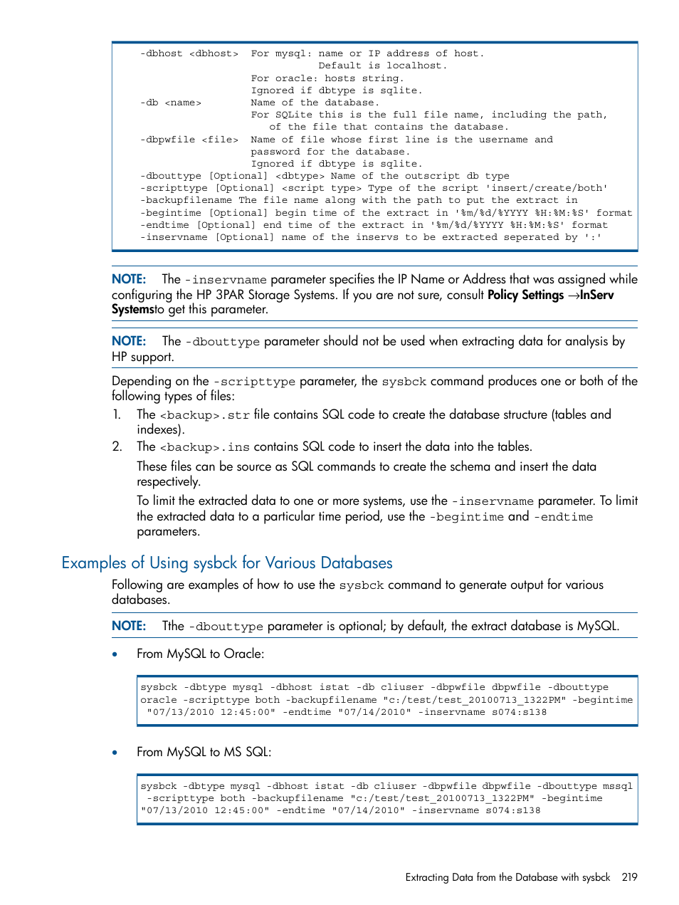 Examples of using sysbck for various databases | HP 3PAR System Reporter Software User Manual | Page 219 / 224