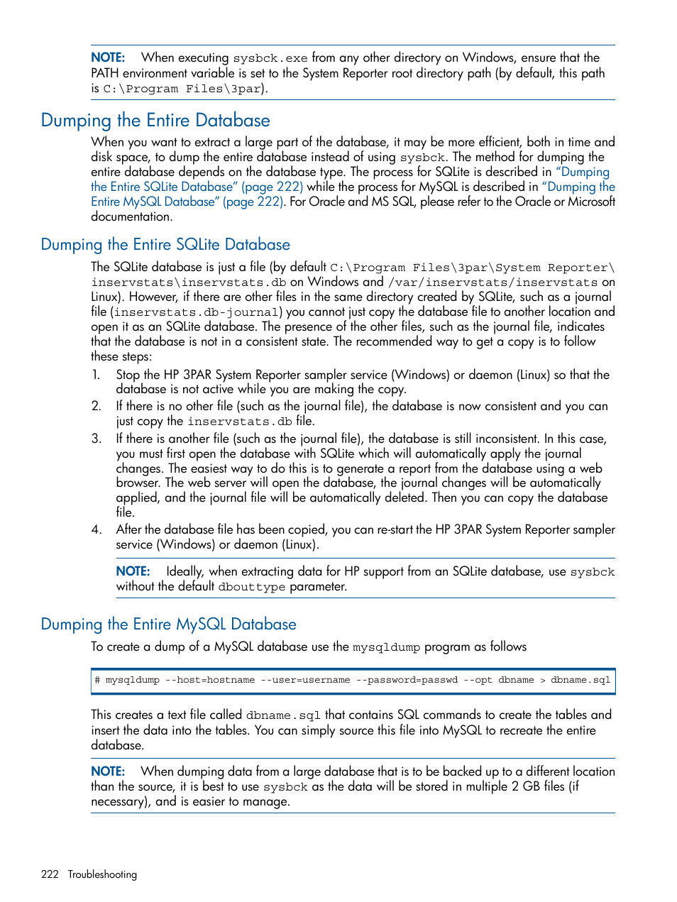 Dumping the entire database, Dumping the entire sqlite database, Dumping the entire mysql database | HP 3PAR System Reporter Software User Manual | Page 222 / 224