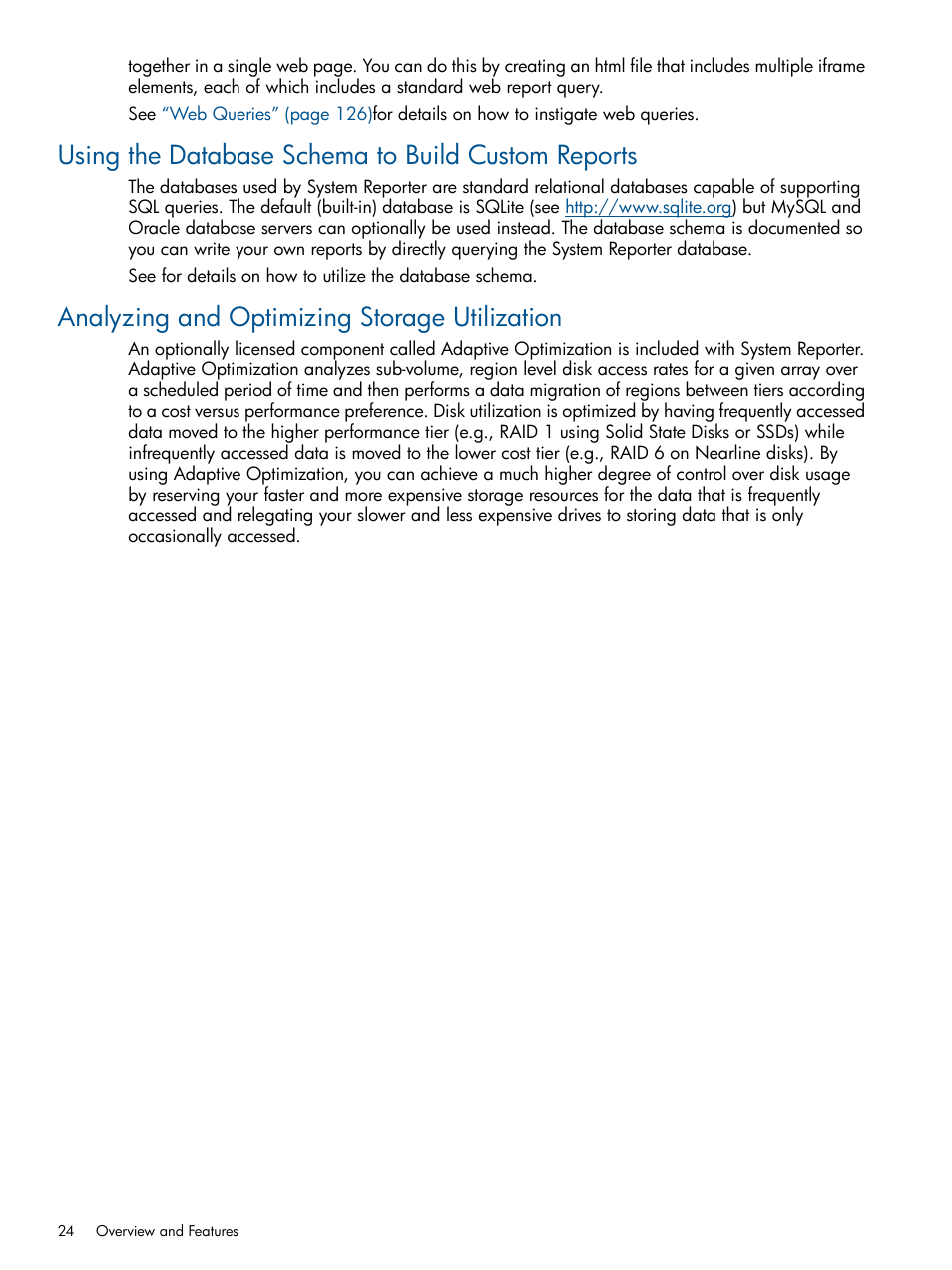 Using the database schema to build custom reports, Analyzing and optimizing storage utilization | HP 3PAR System Reporter Software User Manual | Page 24 / 224