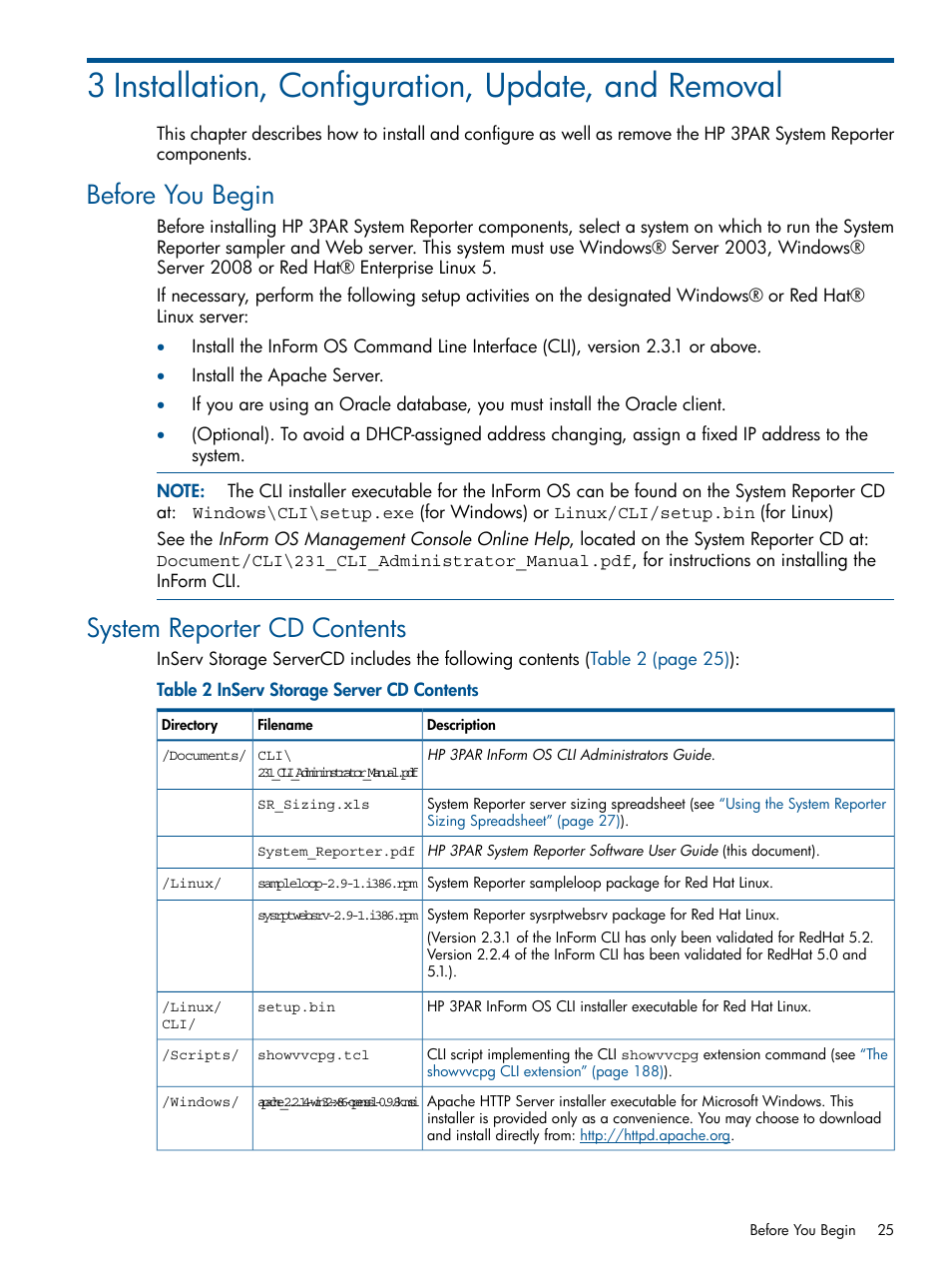 3 installation, configuration, update, and removal, Before you begin, System reporter cd contents | Before you begin system reporter cd contents | HP 3PAR System Reporter Software User Manual | Page 25 / 224