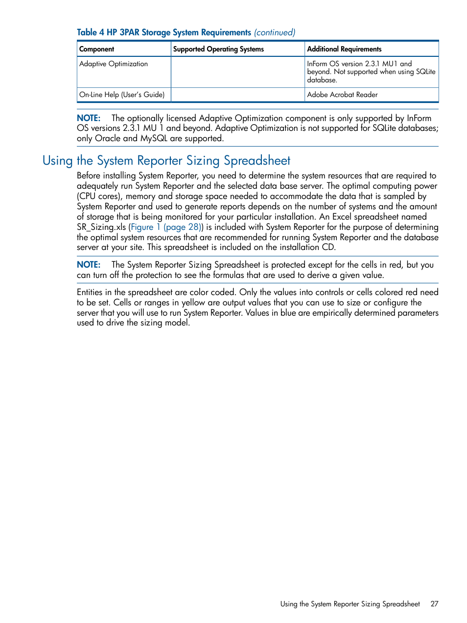 Using the system reporter sizing spreadsheet, Using the system reporter | HP 3PAR System Reporter Software User Manual | Page 27 / 224