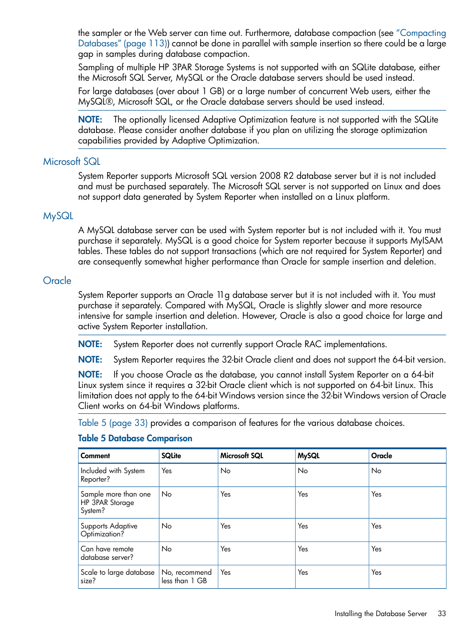 Microsoft sql, Mysql, Oracle | Microsoft sql mysql oracle | HP 3PAR System Reporter Software User Manual | Page 33 / 224