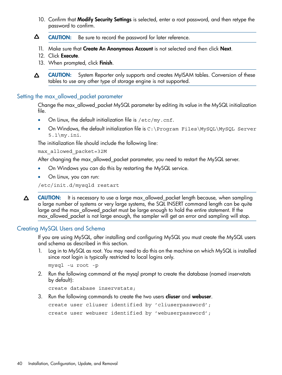 Setting the max_allowed_packet parameter, Creating mysql users and schema | HP 3PAR System Reporter Software User Manual | Page 40 / 224