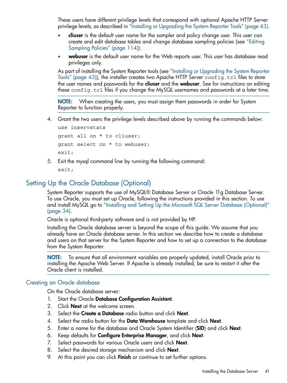Setting up the oracle database (optional), Creating an oracle database | HP 3PAR System Reporter Software User Manual | Page 41 / 224