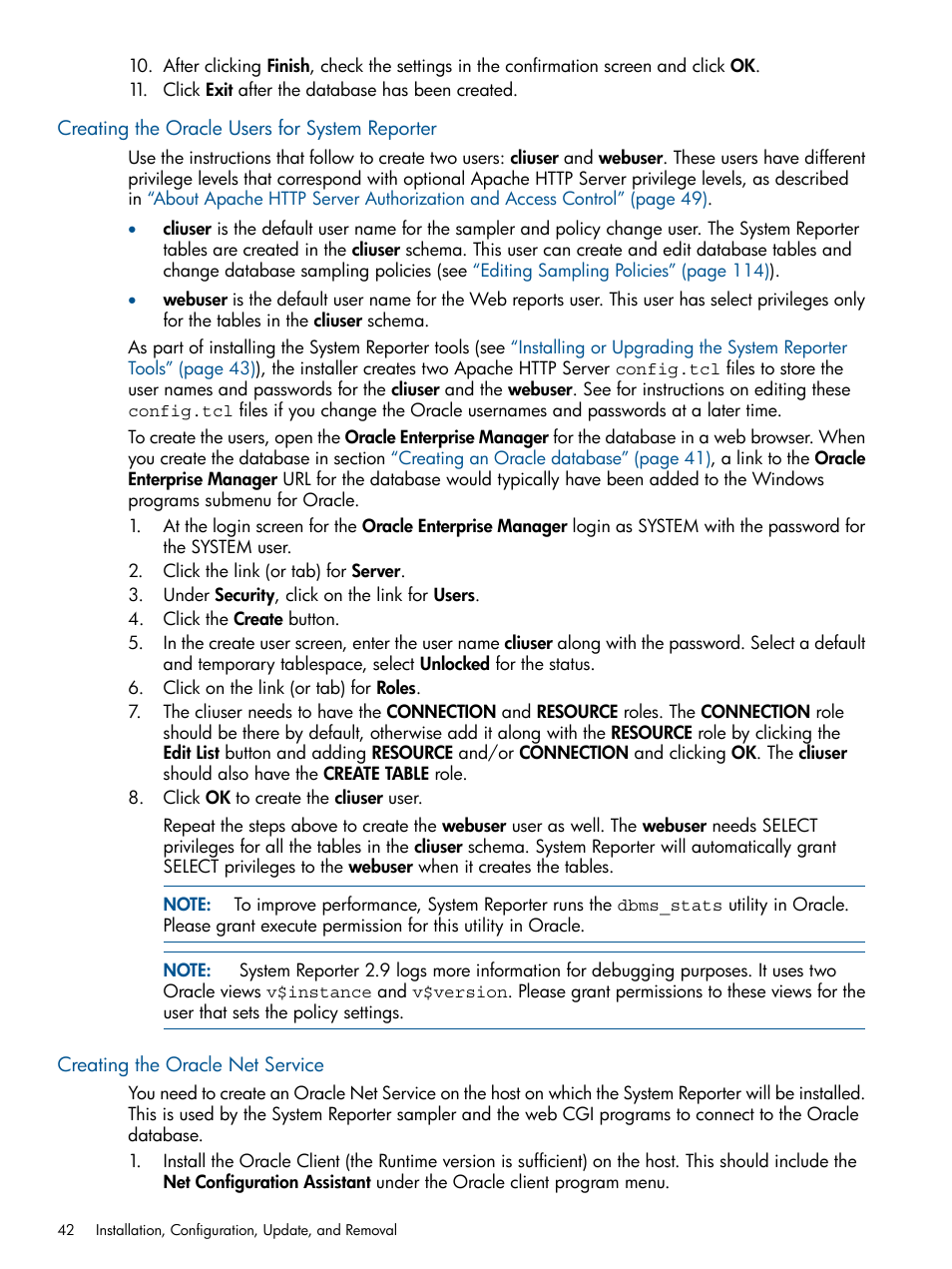 Creating the oracle users for system reporter, Creating the oracle net service | HP 3PAR System Reporter Software User Manual | Page 42 / 224