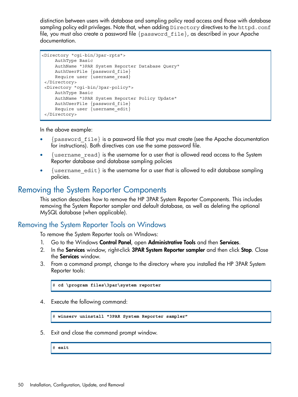 Removing the system reporter components, Removing the system reporter tools on windows | HP 3PAR System Reporter Software User Manual | Page 50 / 224