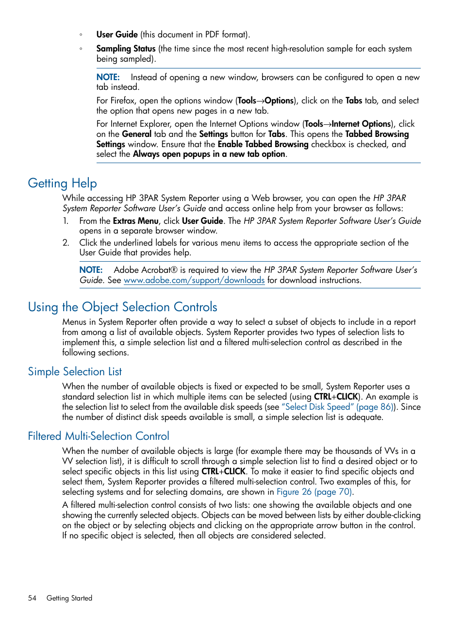 Getting help, Using the object selection controls, Simple selection list | Filtered multi-selection control, Getting help using the object selection controls | HP 3PAR System Reporter Software User Manual | Page 54 / 224