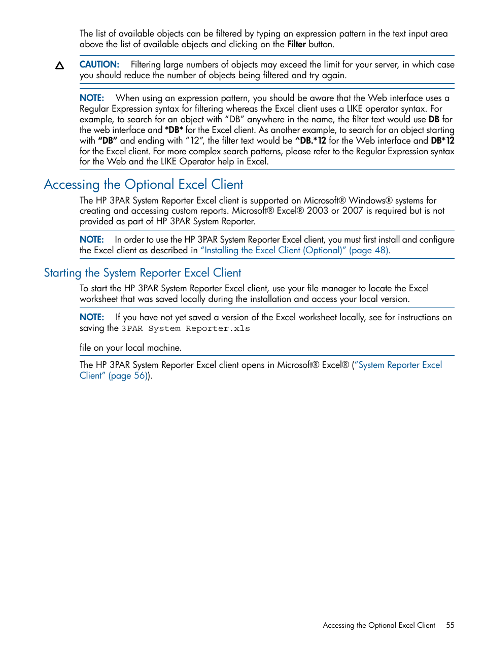 Accessing the optional excel client, Starting the system reporter excel client | HP 3PAR System Reporter Software User Manual | Page 55 / 224