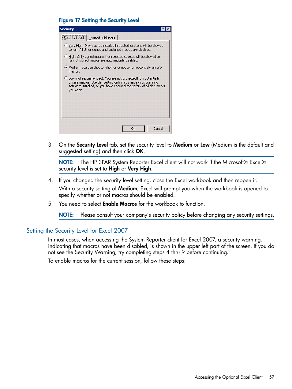 Setting the security level for excel 2007 | HP 3PAR System Reporter Software User Manual | Page 57 / 224