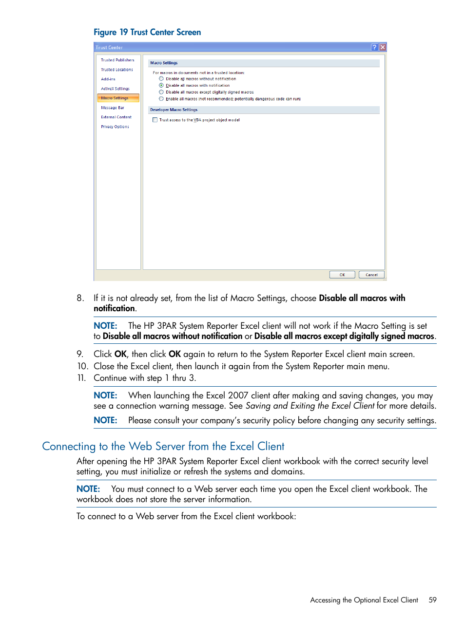 Connecting to the web server from the excel client | HP 3PAR System Reporter Software User Manual | Page 59 / 224