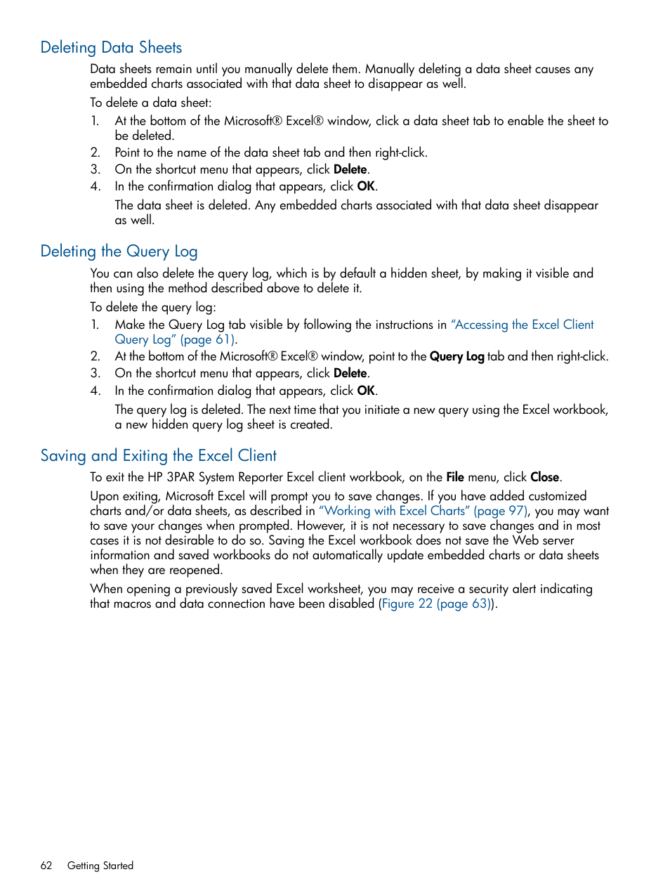 Deleting data sheets, Deleting the query log, Saving and exiting the excel client | HP 3PAR System Reporter Software User Manual | Page 62 / 224