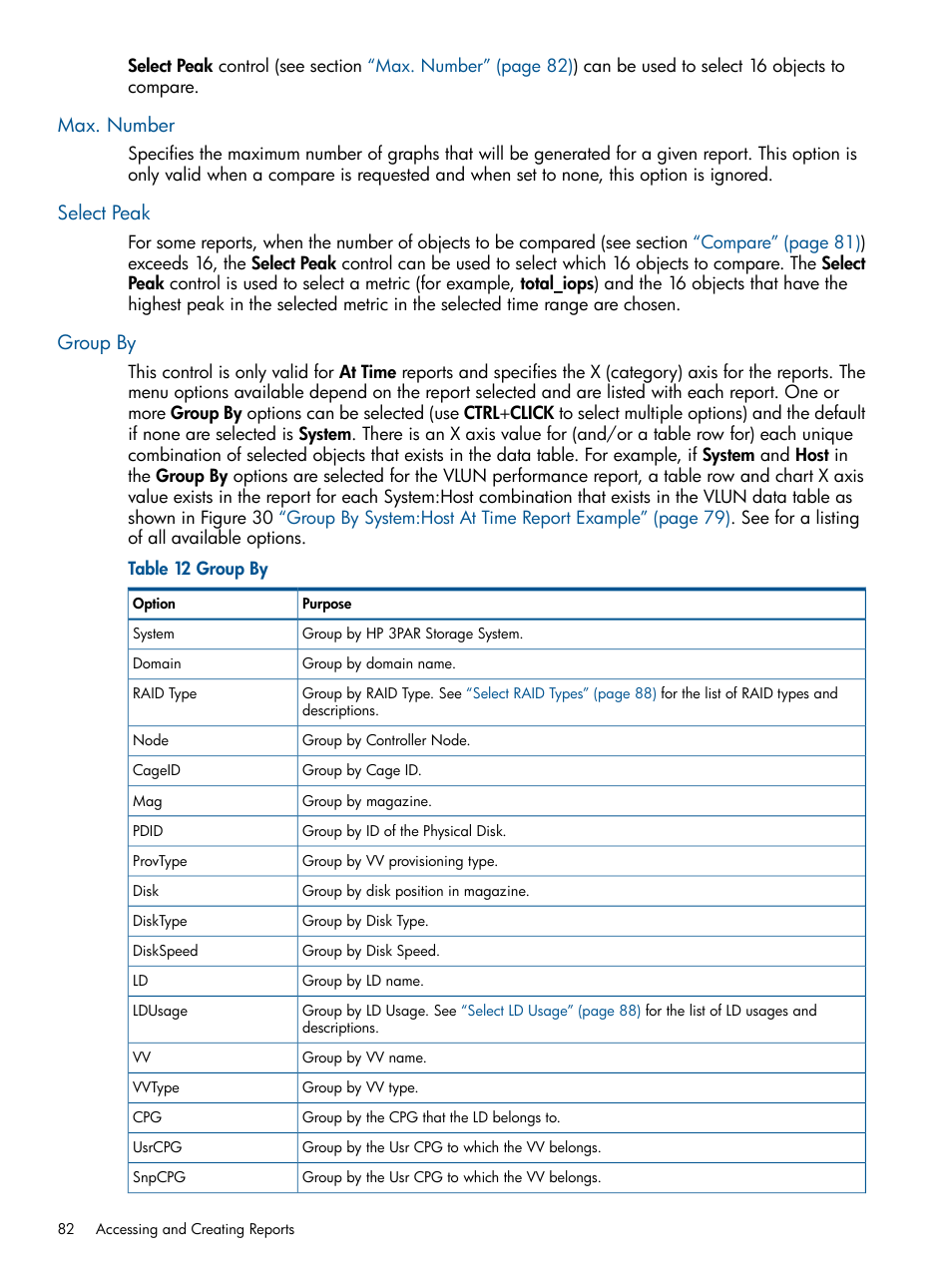 Max. number, Select peak, Group by | Max. number select peak group by | HP 3PAR System Reporter Software User Manual | Page 82 / 224