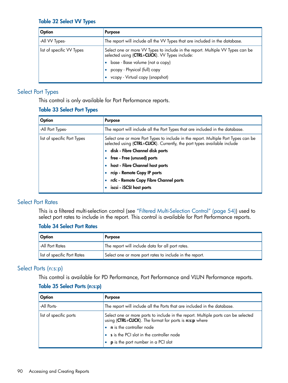 Select port types, Select port rates, Select ports (n:s:p) | HP 3PAR System Reporter Software User Manual | Page 90 / 224