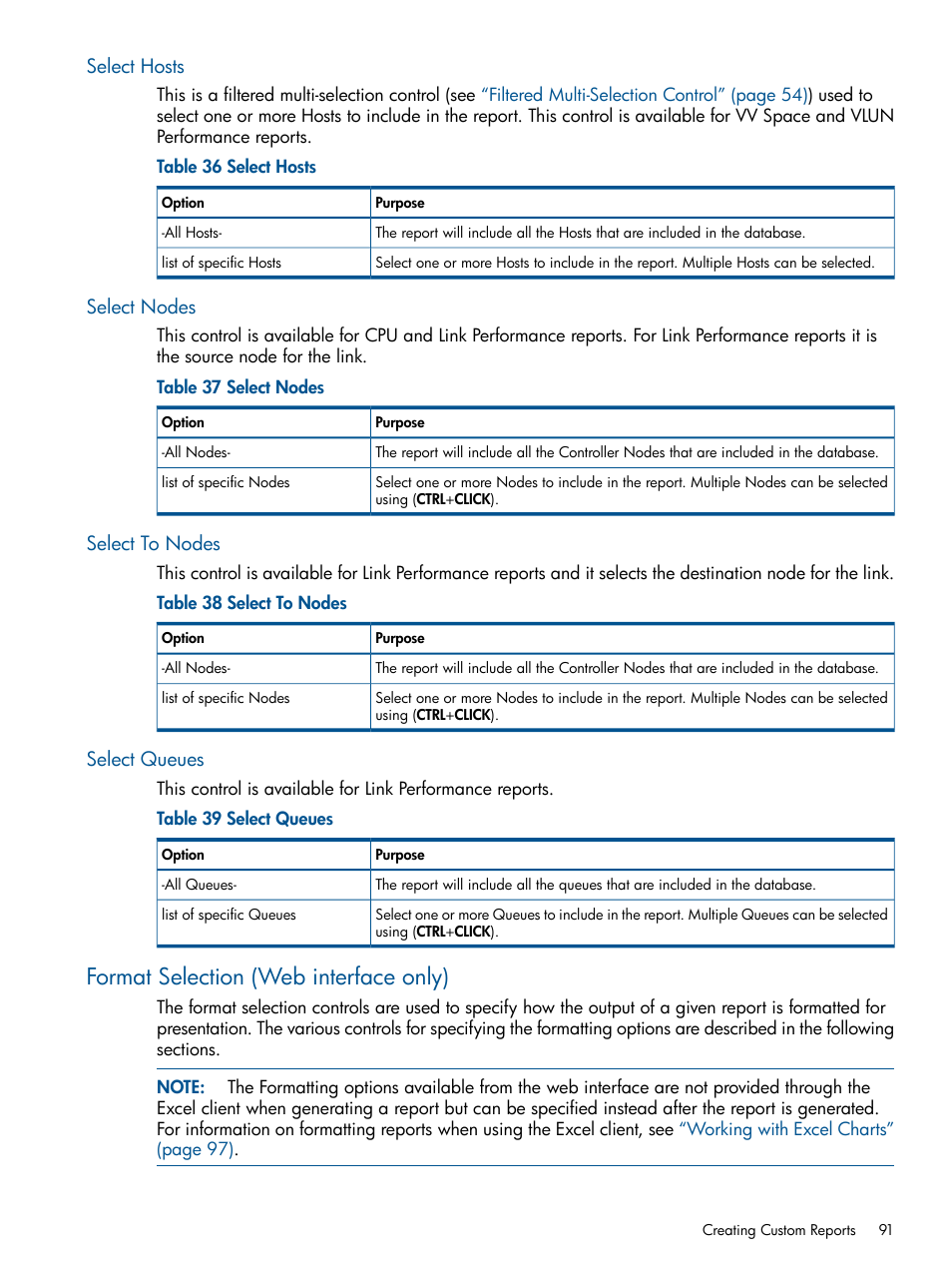 Select hosts, Select nodes, Select to nodes | Select queues, Format selection (web interface only), Format selection | HP 3PAR System Reporter Software User Manual | Page 91 / 224