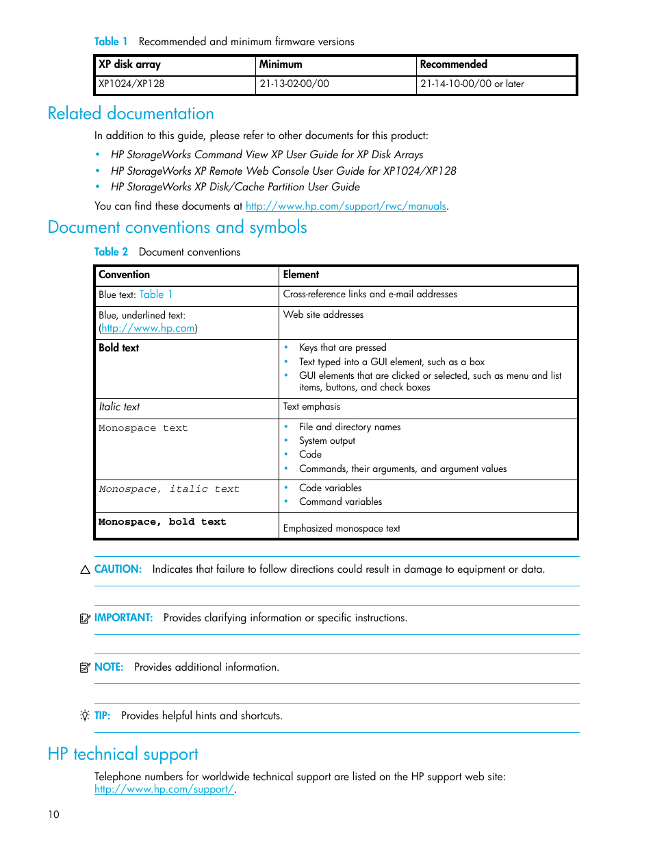 Table 1 recommended and minimum firmware versions, Related documentation, Document conventions and symbols | Table 2 document conventions, Hp technical support, 1 recommended and minimum firmware versions, 2 document conventions | HP StorageWorks XP Remote Web Console Software User Manual | Page 10 / 98