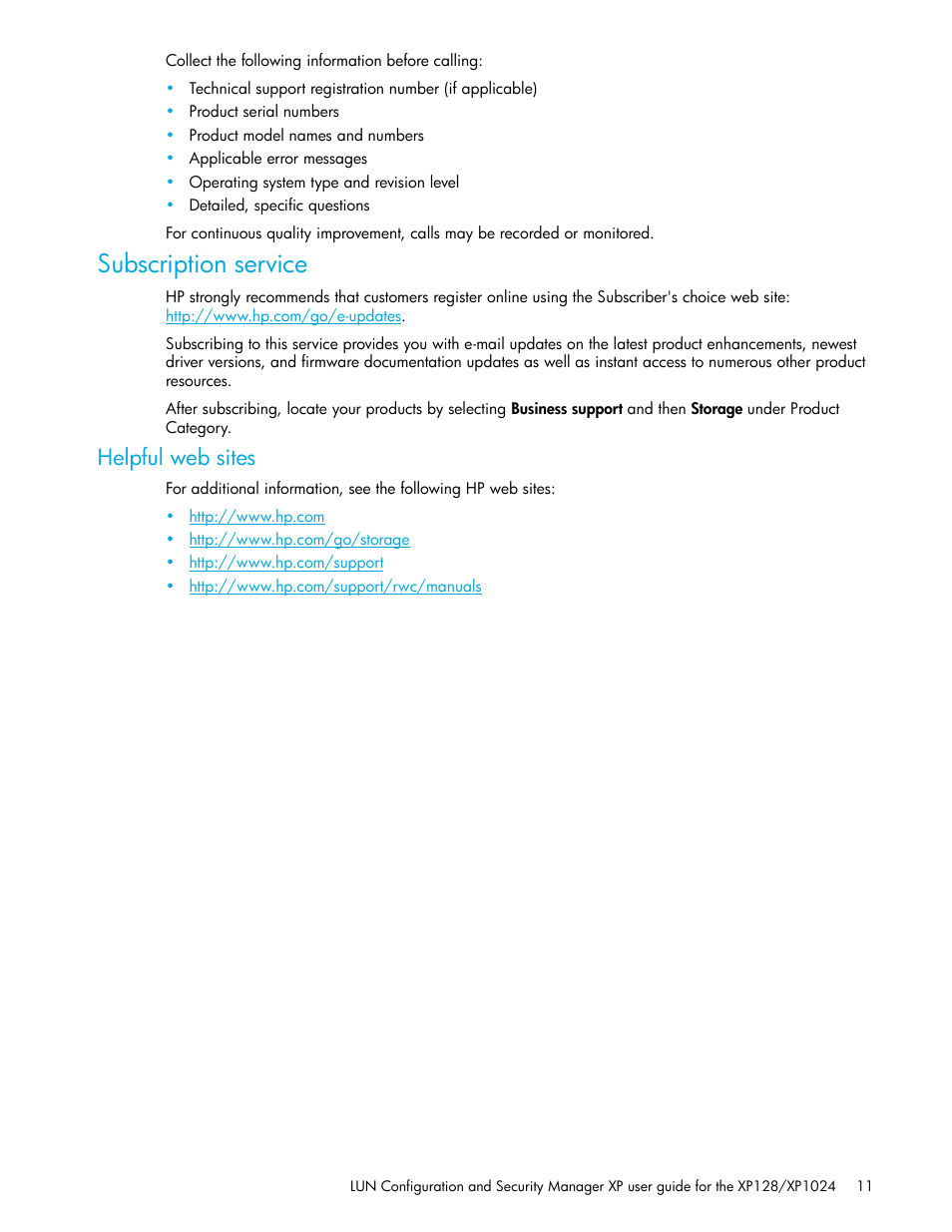 Subscription service, Helpful web sites | HP StorageWorks XP Remote Web Console Software User Manual | Page 11 / 98