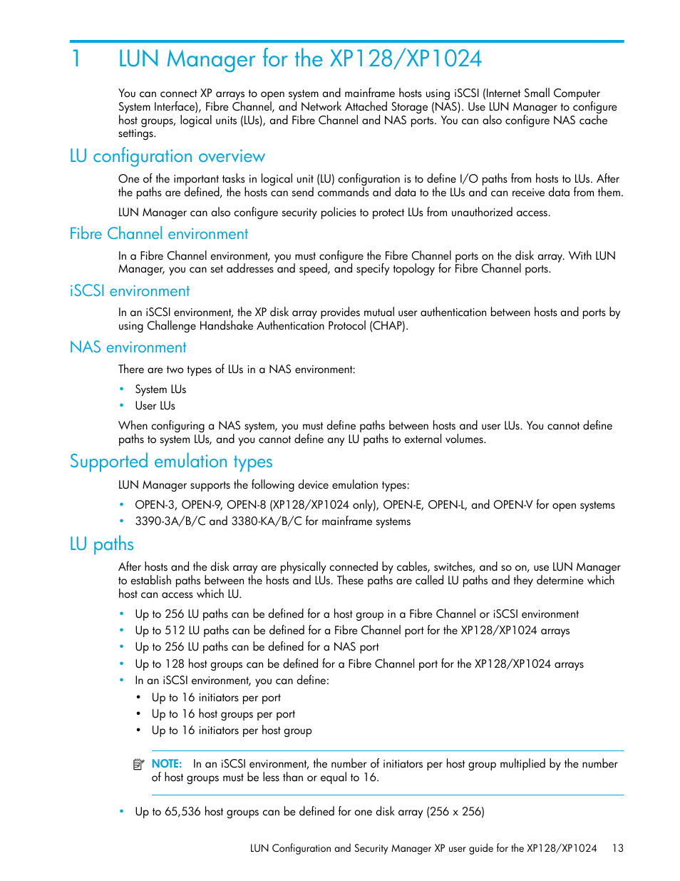 Lun manager for the xp128/xp1024, Lu configuration overview, Fibre channel environment | Iscsi environment, Nas environment, Supported emulation types, Lu paths, 1 lun manager for the xp128/xp1024 | HP StorageWorks XP Remote Web Console Software User Manual | Page 13 / 98