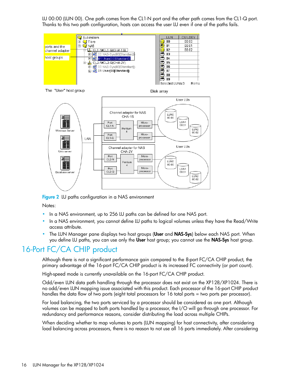 Port fc/ca chip product, 2 lu paths configuration in a nas environment, Figure 2 | HP StorageWorks XP Remote Web Console Software User Manual | Page 16 / 98