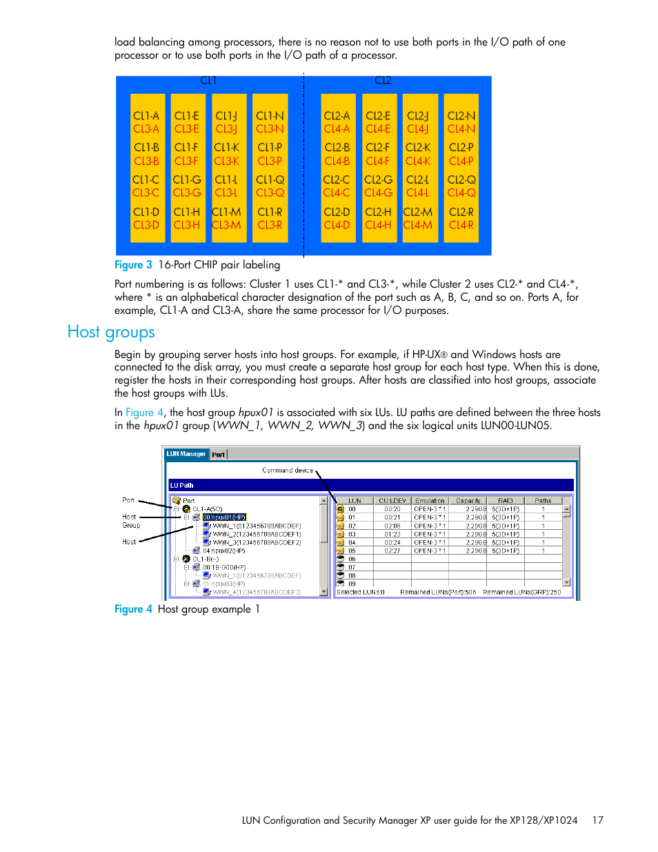 Figure 3 16-port chip pair labeling, Host groups, Figure 4 host group example 1 | 3 16-port chip pair labeling, 4 host group example 1 | HP StorageWorks XP Remote Web Console Software User Manual | Page 17 / 98