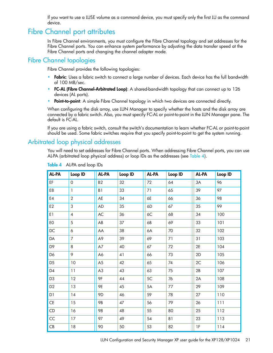 Fibre channel port attributes, Fibre channel topologies, Arbitrated loop physical addresses | Table 4 al-pa and loop ids, 4 al-pa and loop ids | HP StorageWorks XP Remote Web Console Software User Manual | Page 21 / 98