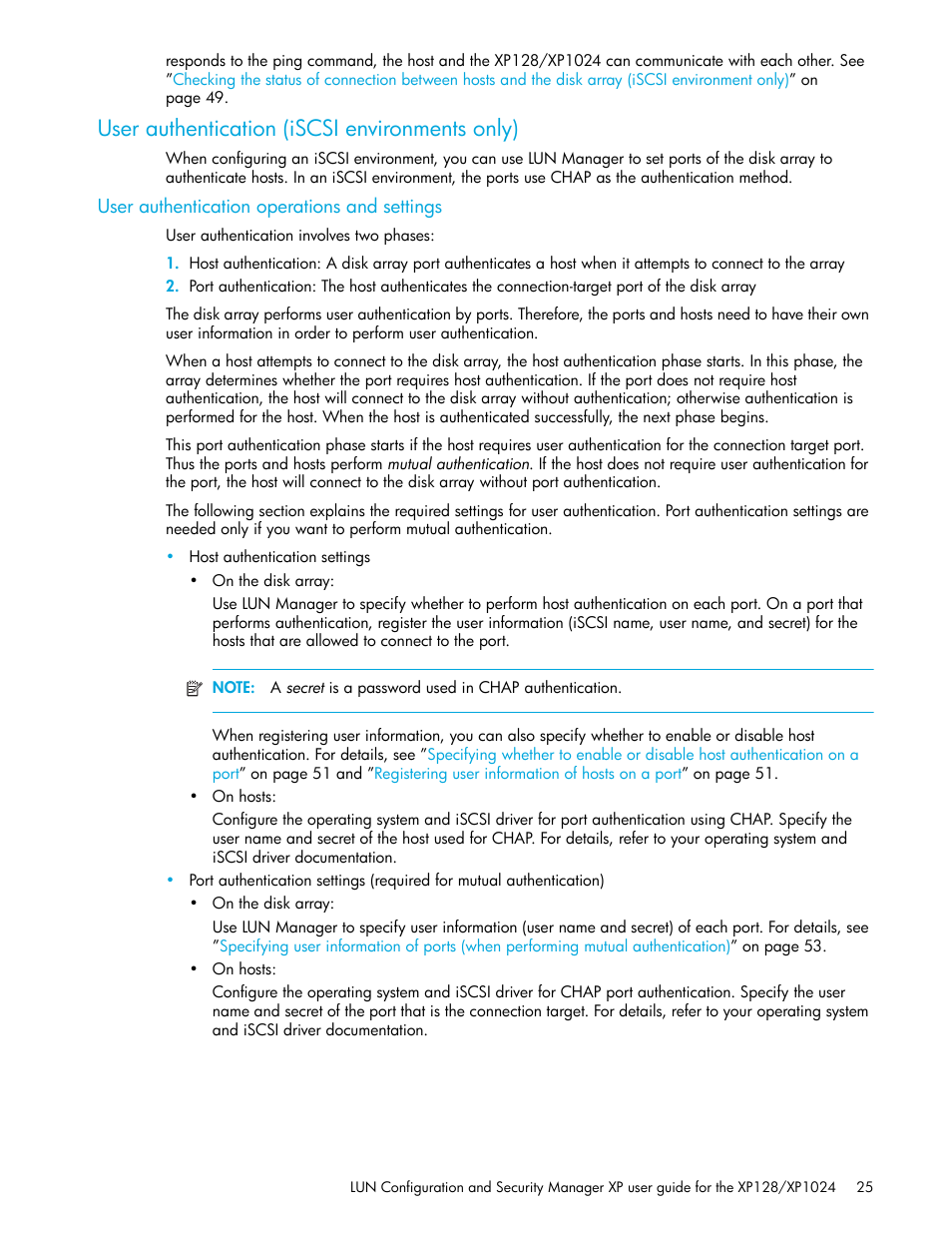 User authentication (iscsi environments only), User authentication operations and settings | HP StorageWorks XP Remote Web Console Software User Manual | Page 25 / 98