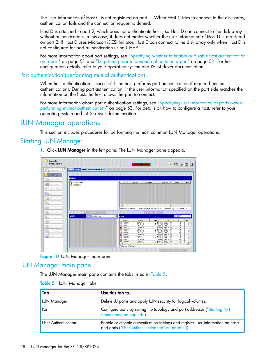 Lun manager operations, Starting lun manager, Figure 10 lun manager main pane | Lun manager main pane, Table 5 lun manager tabs, 10 lun manager main pane, 5 lun manager tabs | HP StorageWorks XP Remote Web Console Software User Manual | Page 28 / 98