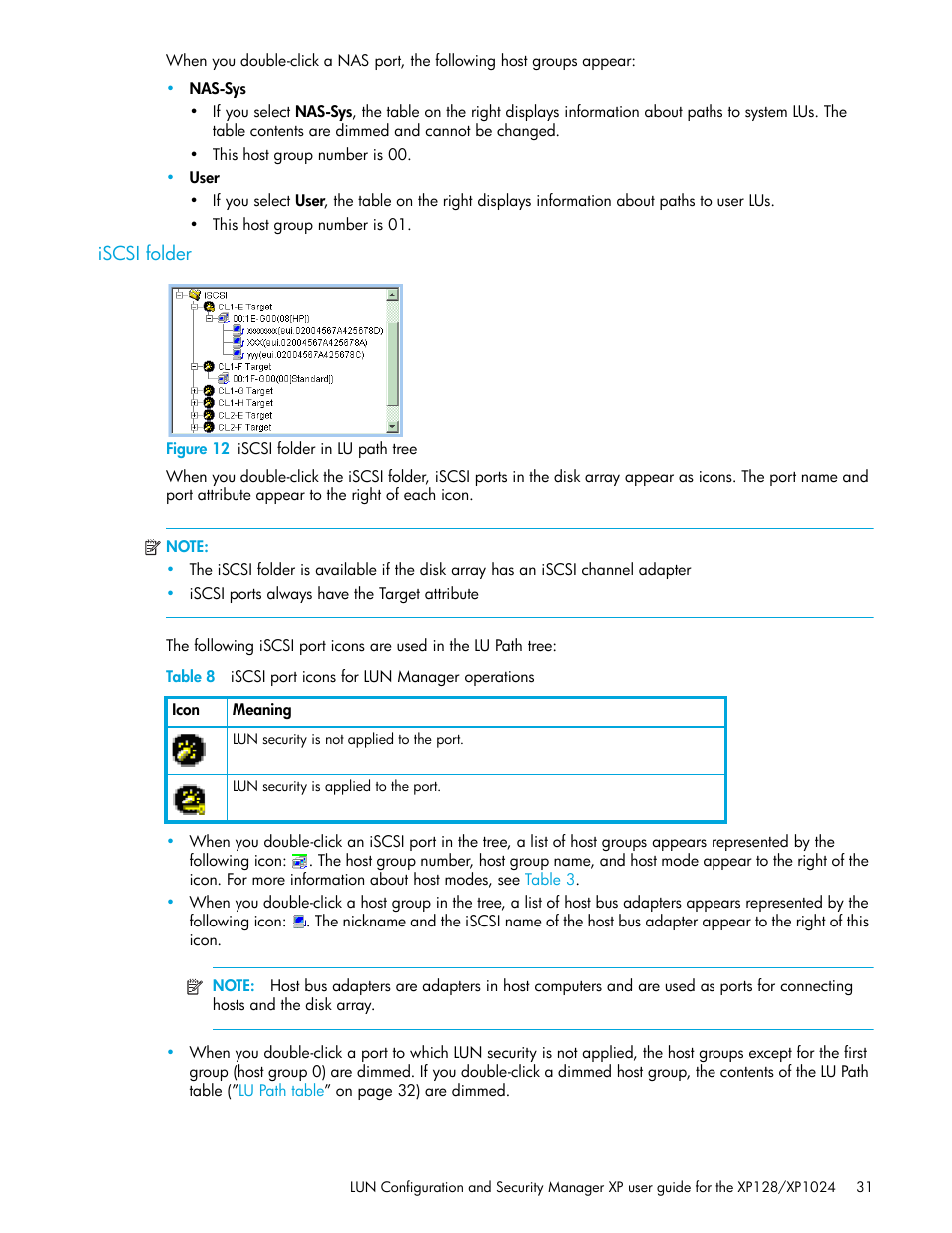 Iscsi folder, Figure 12 iscsi folder in lu path tree, 12 iscsi folder in lu path tree | 8 iscsi port icons for lun manager operations | HP StorageWorks XP Remote Web Console Software User Manual | Page 31 / 98