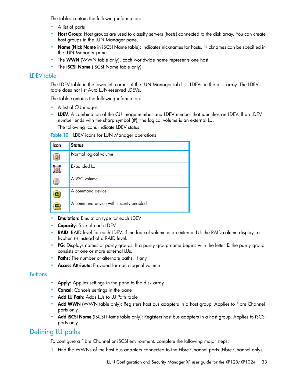 Ldev table, Table 10 ldev icons for lun manager operations, Buttons | Defining lu paths, 10 ldev icons for lun manager operations | HP StorageWorks XP Remote Web Console Software User Manual | Page 33 / 98