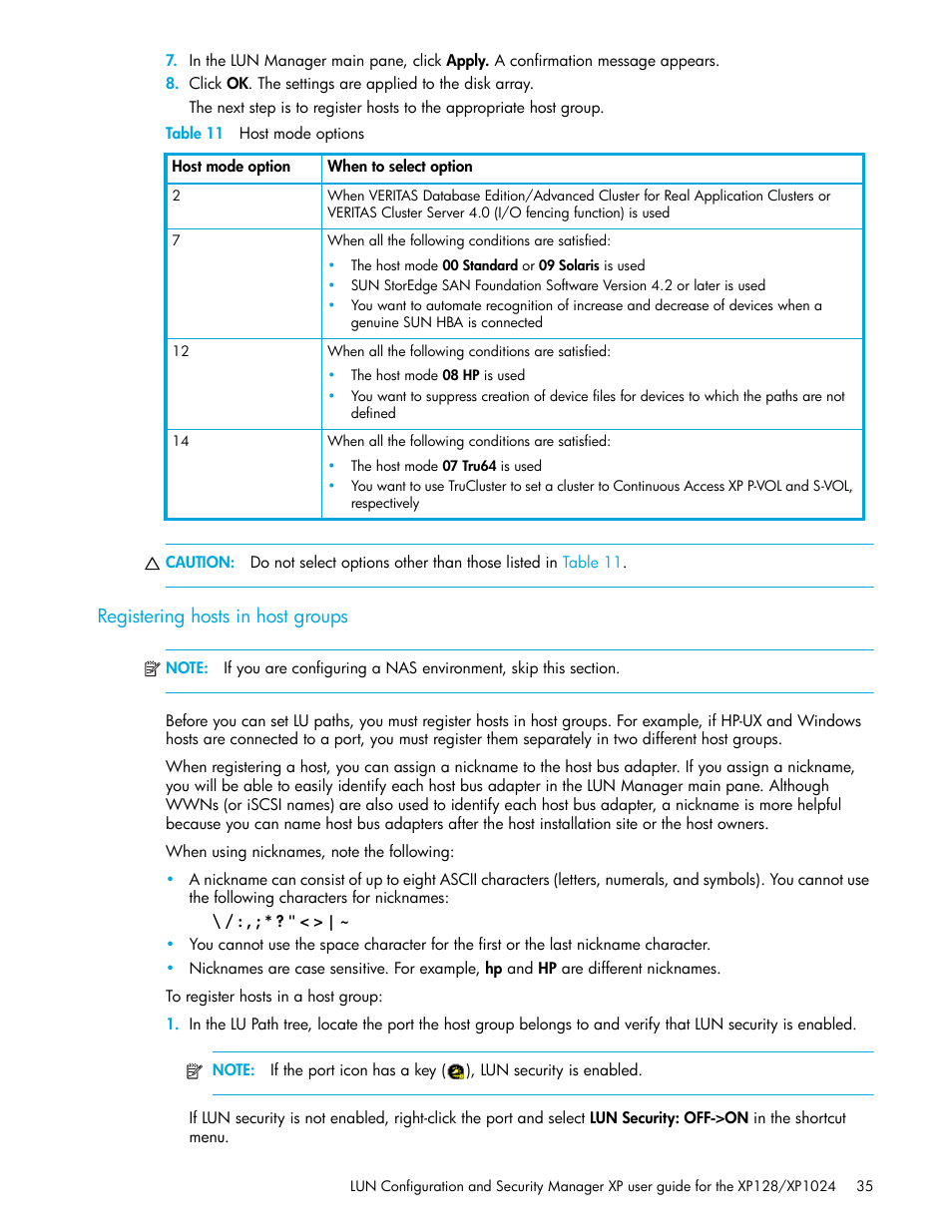 Table 11 host mode options, Registering hosts in host groups, 11 host mode options | Table 11 | HP StorageWorks XP Remote Web Console Software User Manual | Page 35 / 98