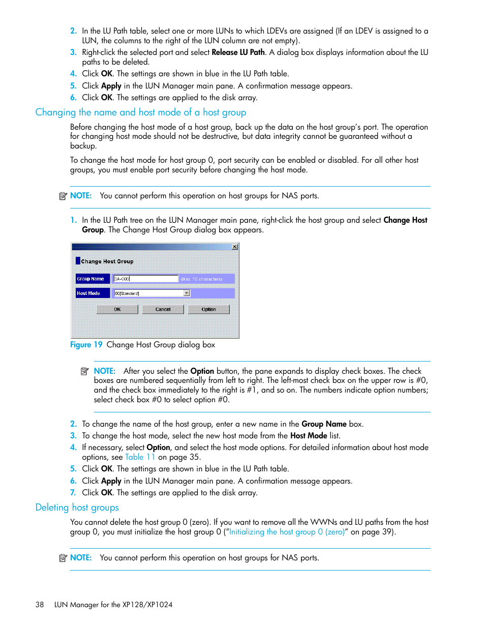 Changing the name and host mode of a host group, Figure 19 change host group dialog box, Deleting host groups | 19 change host group dialog box | HP StorageWorks XP Remote Web Console Software User Manual | Page 38 / 98