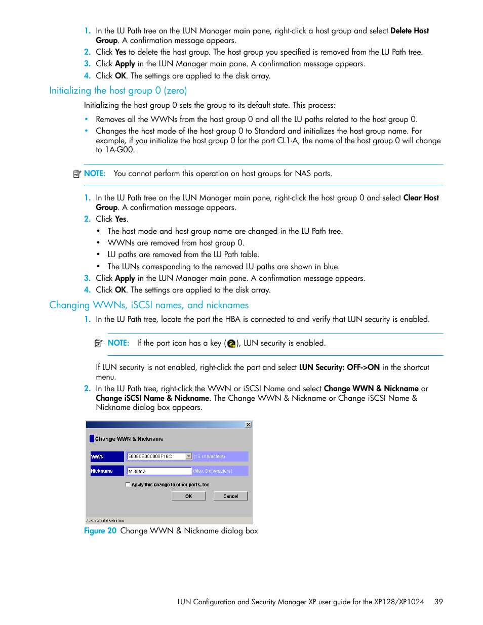 Initializing the host group 0 (zero), Changing wwns, iscsi names, and nicknames, Figure 20 change wwn & nickname dialog box | 20 change wwn & nickname dialog box | HP StorageWorks XP Remote Web Console Software User Manual | Page 39 / 98