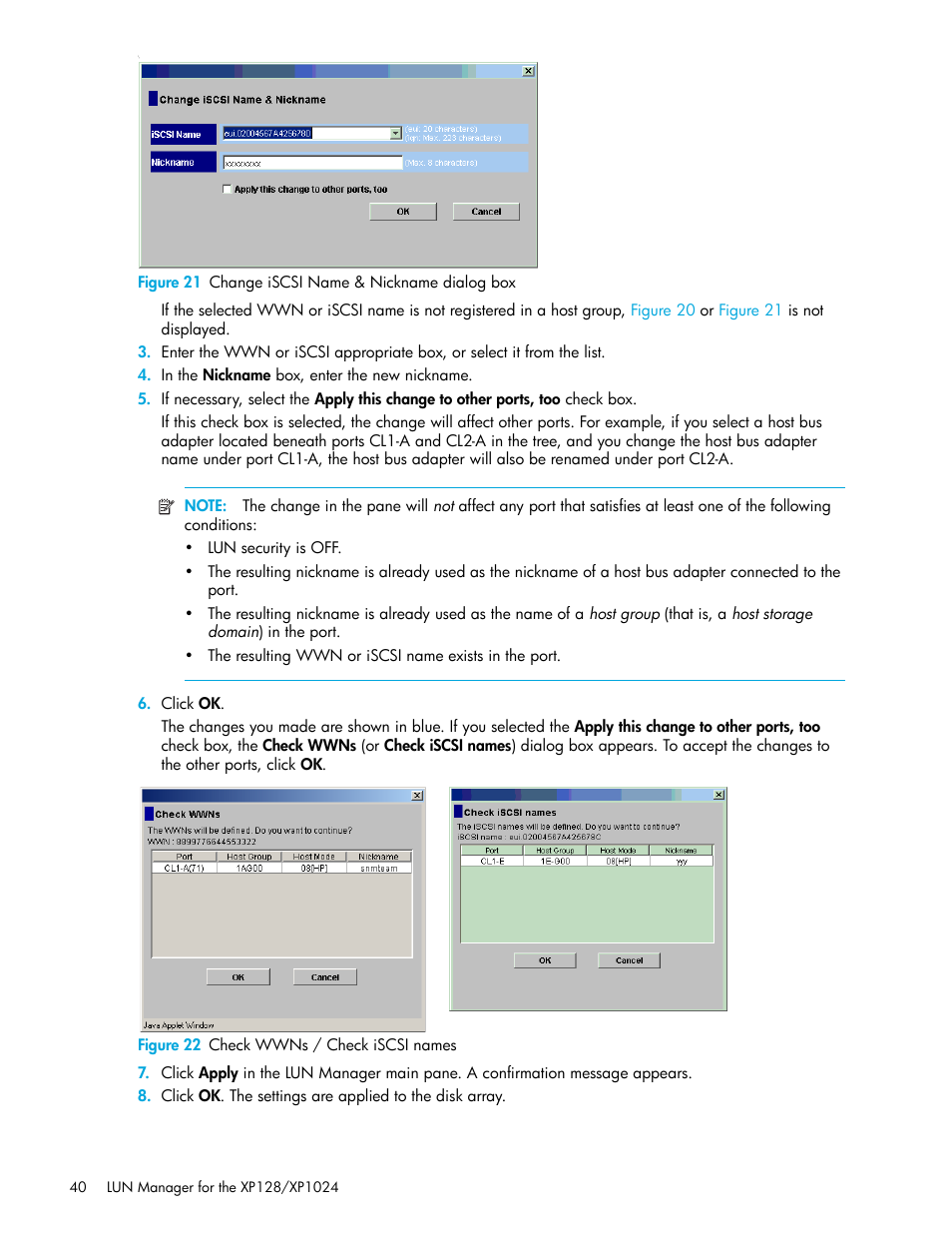 Figure 21 change iscsi name & nickname dialog box, Figure 22 check wwns / check iscsi names, 21 change iscsi name & nickname dialog box | 22 check wwns / check iscsi names | HP StorageWorks XP Remote Web Console Software User Manual | Page 40 / 98