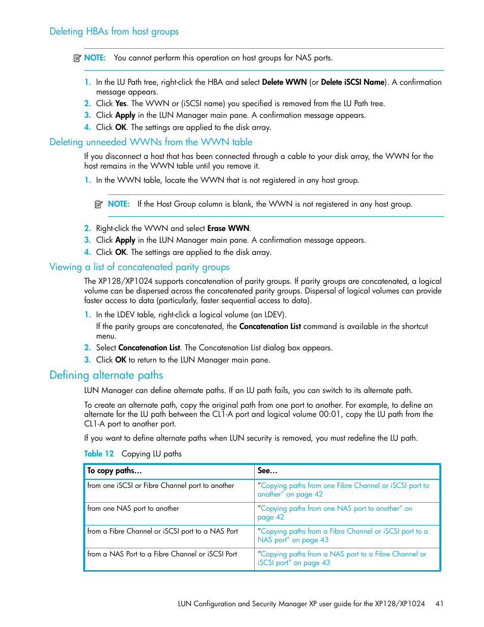 Deleting hbas from host groups, Deleting unneeded wwns from the wwn table, Viewing a list of concatenated parity groups | Defining alternate paths, Table 12 copying lu paths, 12 copying lu paths | HP StorageWorks XP Remote Web Console Software User Manual | Page 41 / 98