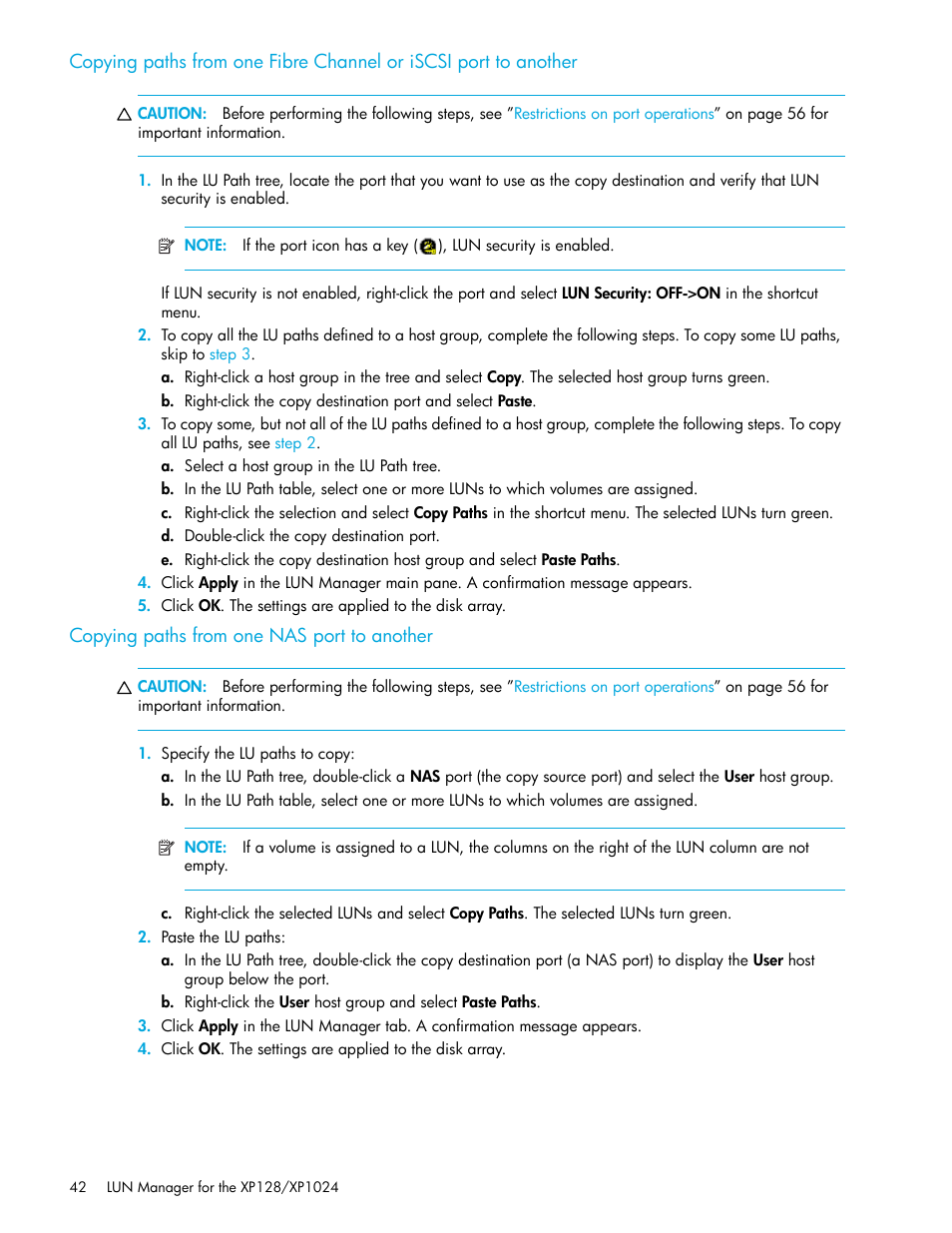 Copying paths from one nas port to another, Copying paths from one nas port to another” on | HP StorageWorks XP Remote Web Console Software User Manual | Page 42 / 98