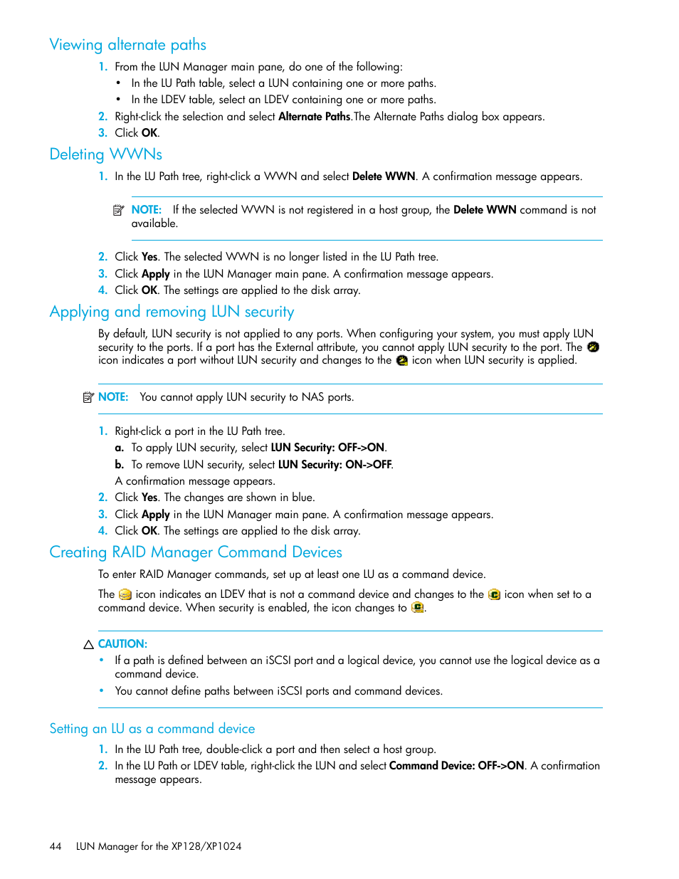 Viewing alternate paths, Deleting wwns, Applying and removing lun security | Creating raid manager command devices, Setting an lu as a command device | HP StorageWorks XP Remote Web Console Software User Manual | Page 44 / 98